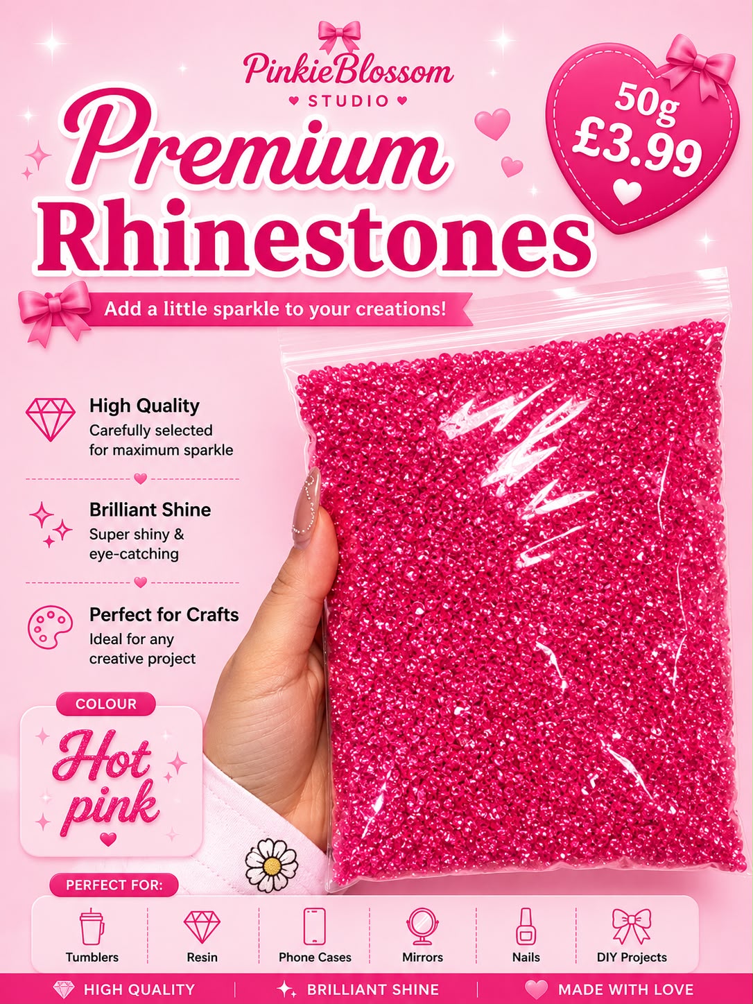 💓Hot Pink💓Premium Rhinestones – 50g Sparkle Pack- Arts DIY Crafts