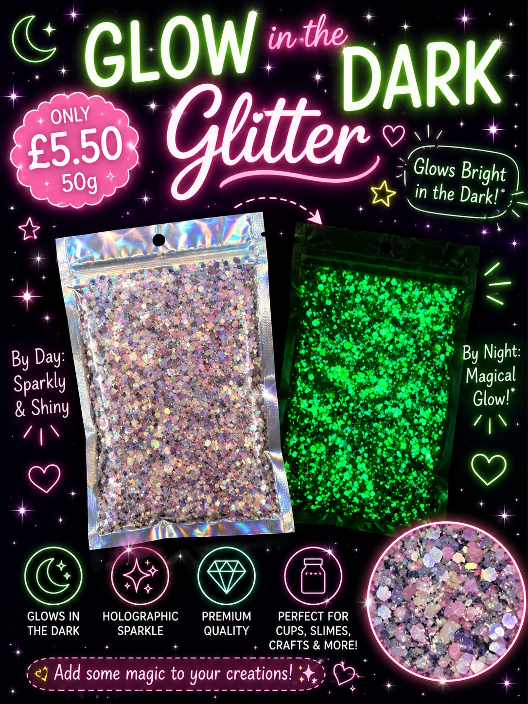 🌸Berry Blossom🌸Chunky Glow in the Dark Glitter 50g⭐️ | Premium Holographic Glitter for Cups & Crafts