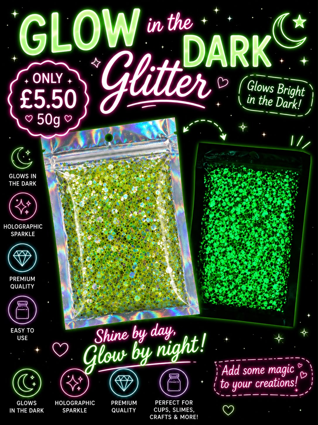 🍋Lime Green🍋✨ Chunky Glow in the Dark Glitter 50g⭐️ | Premium Holographic Glitter for Cups & Crafts