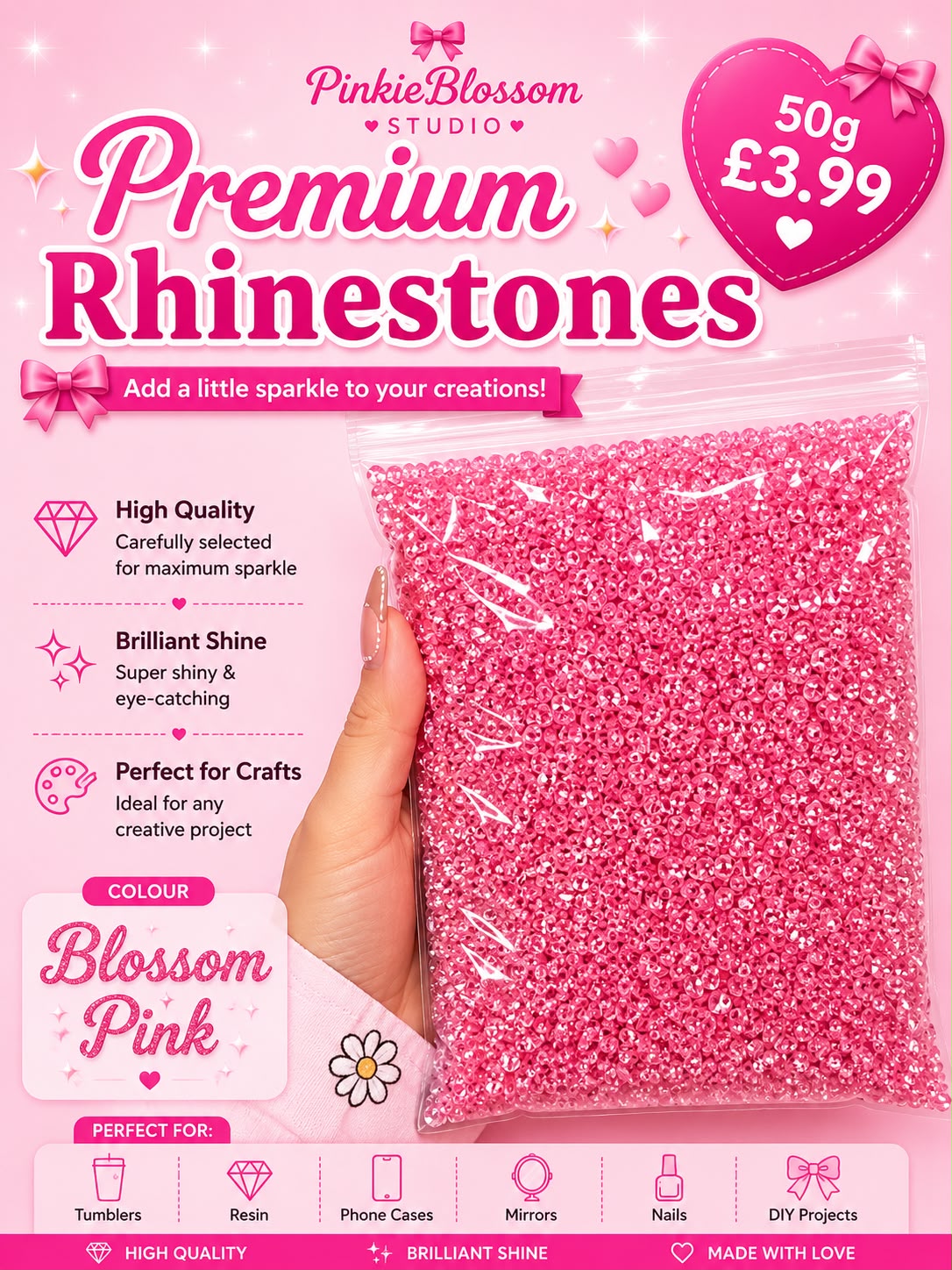 🌸Blossom Pink🌸Premium Rhinestones – 50g Sparkle Pack- Arts DIY Crafts