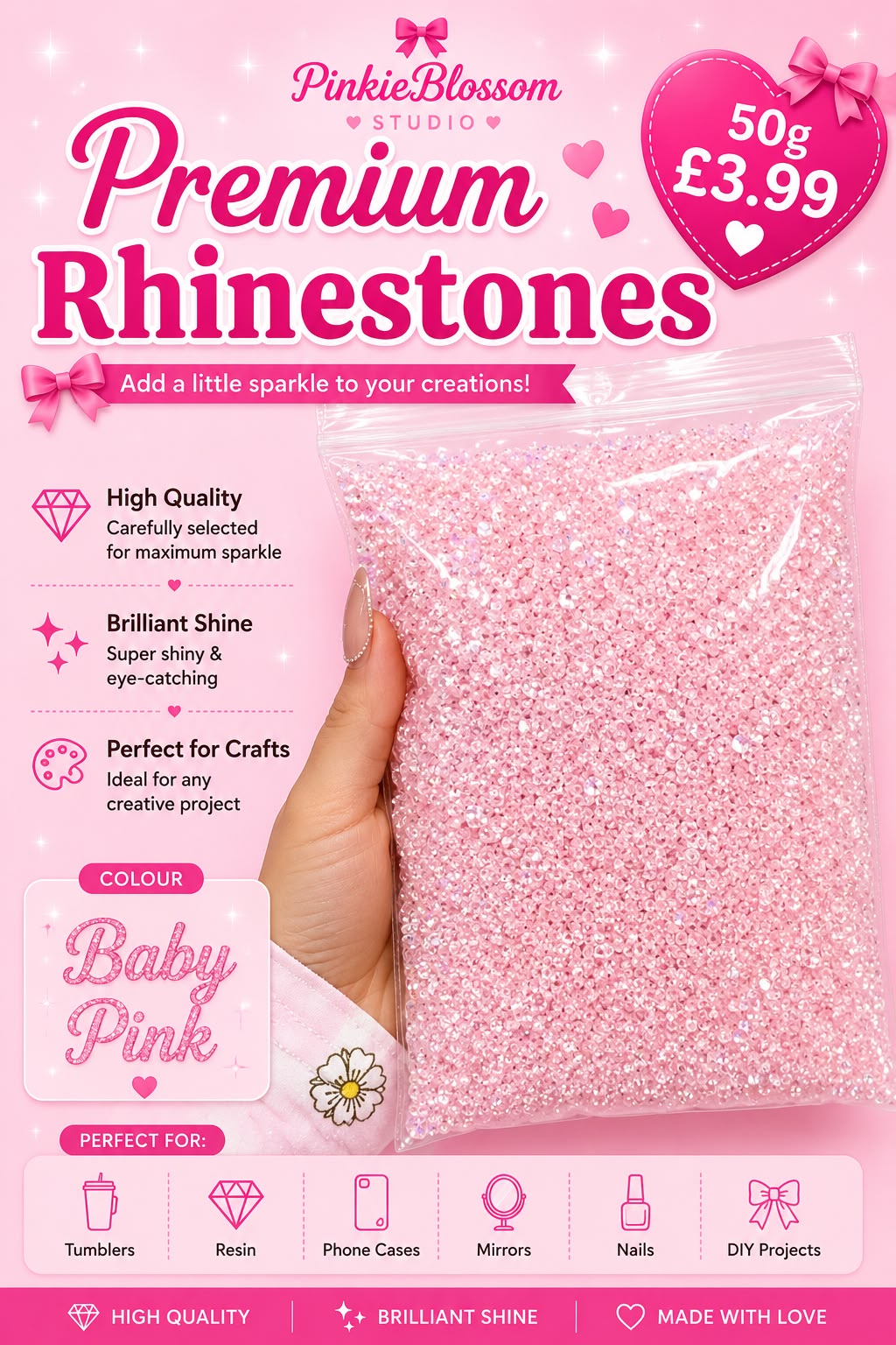 🎀Baby Pink🎀Premium Rhinestones – 50g Sparkle Pack- Arts DIY Crafts