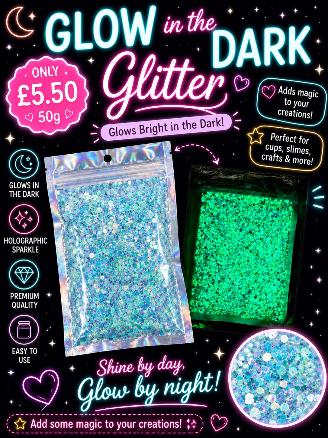 🌊Ocean Aqua🌊Chunky Glow in the Dark Glitter 50g⭐️ | Premium Holographic Glitter for Cups & Crafts