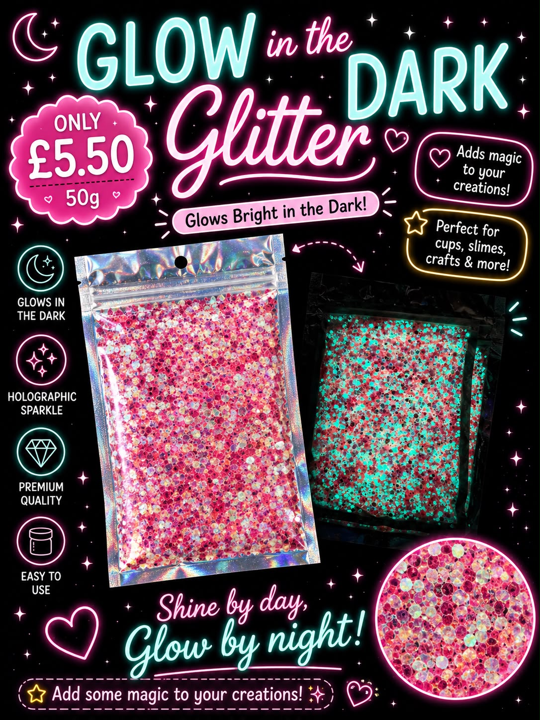 💓Bubblegum Pink💓Chunky Glow in the Dark Glitter 50g⭐️ | Premium Holographic Glitter for Cups & Crafts