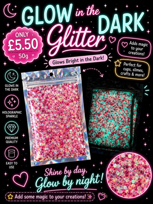 💓Bubblegum Pink💓Chunky Glow in the Dark Glitter 50g⭐️ | Premium Holographic Glitter for Cups & Crafts