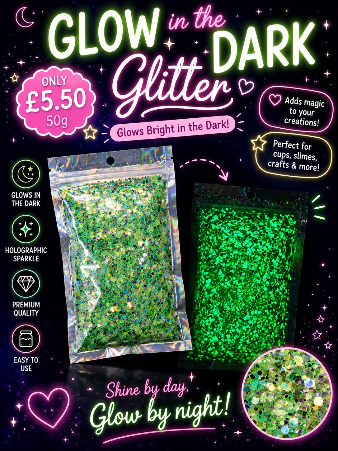 💚Emerald Green💚Chunky Glow in the Dark Glitter 50g⭐️ | Premium Holographic Glitter for Cups & Crafts