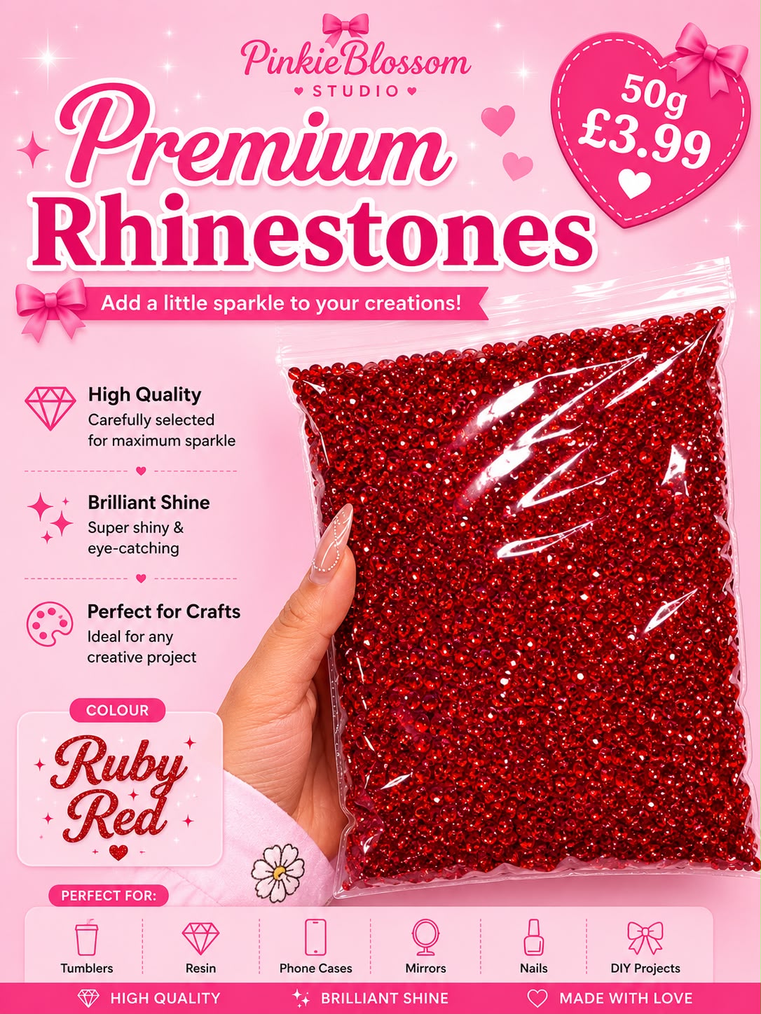❤️Ruby Red❤️Premium Rhinestones – 50g Sparkle Pack- Arts DIY Crafts